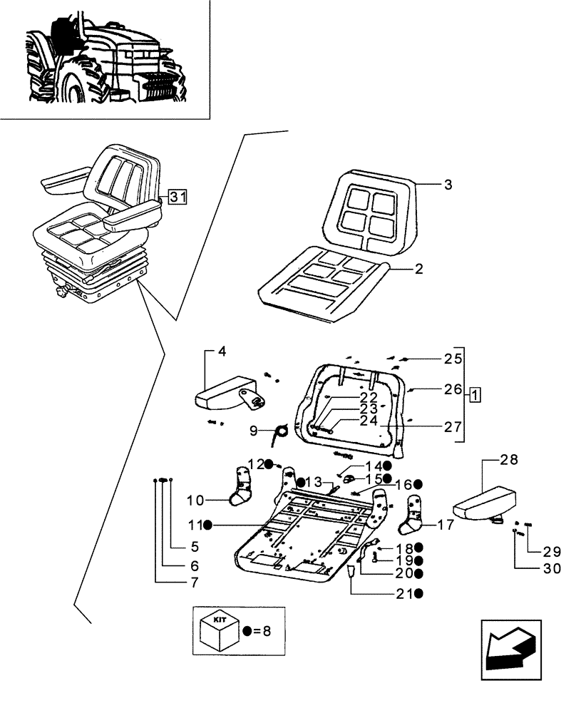 Схема запчастей Case IH JX95 - (1.93.3/01A[01]) - VAR - 190, 335878 - DELUXE VINYL SEAT, SUPPORT AND COMPONENT PARTS (10) - OPERATORS PLATFORM/CAB