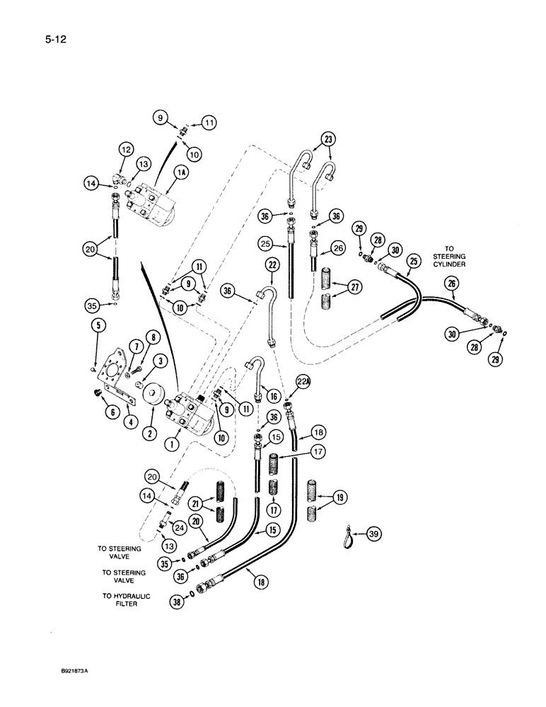 Схема запчастей Case IH 7150 - (5-012) - HYDROSTATIC STEERING SYSTEM, STEERING PUMP TO STEERING CYLINDER, EATON PUMP, TWO WHEEL DRIVE (05) - STEERING