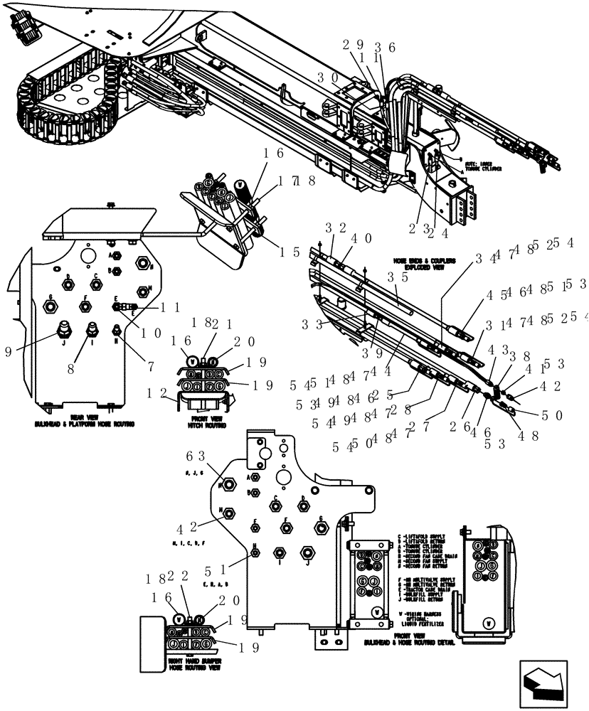 Схема запчастей Case IH 1200PT - (F.10.G[04]) - LAYOUT TAKE UP CARRIER HOSE ROUTING 16/31 ROW (BSN CBJ0011170) F - Frame Positioning