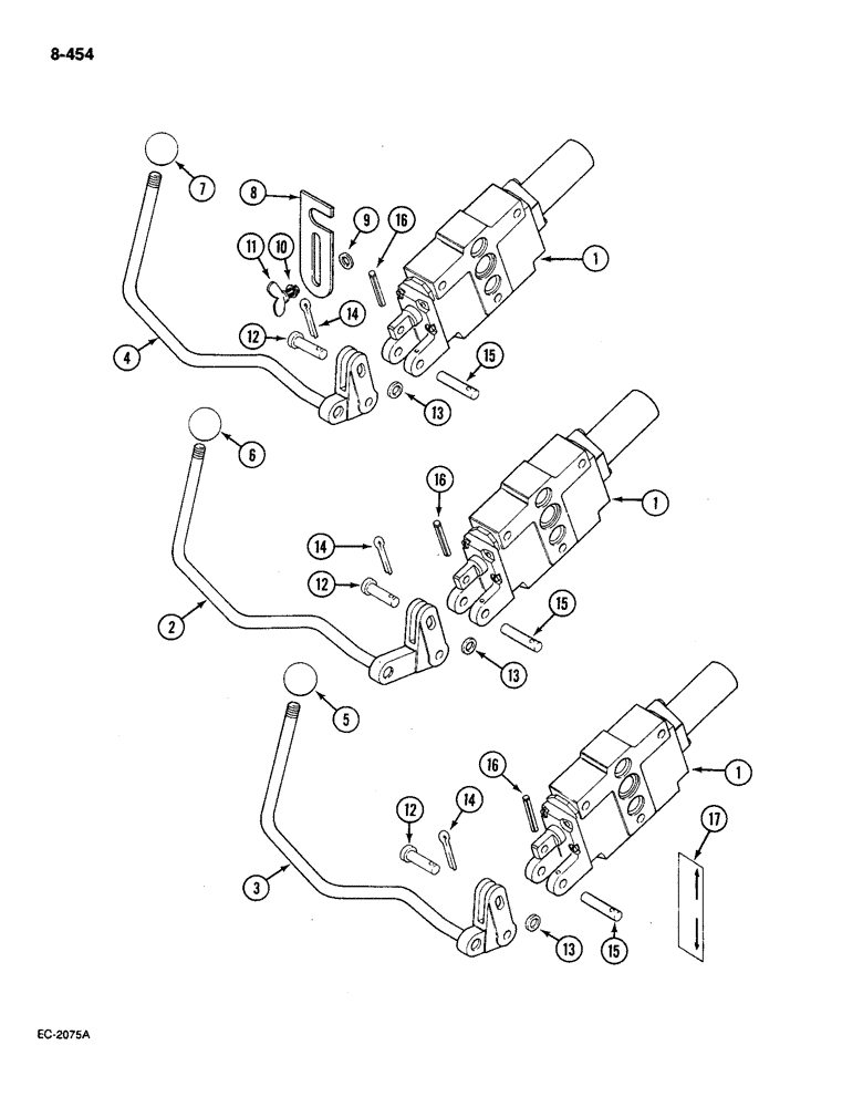 Схема запчастей Case IH 585 - (8-454) - AUXILIARY VALVE CONTROLS, BOSCH, WITHOUT CAB, P.I.N. 18001 AND AFTER (08) - HYDRAULICS