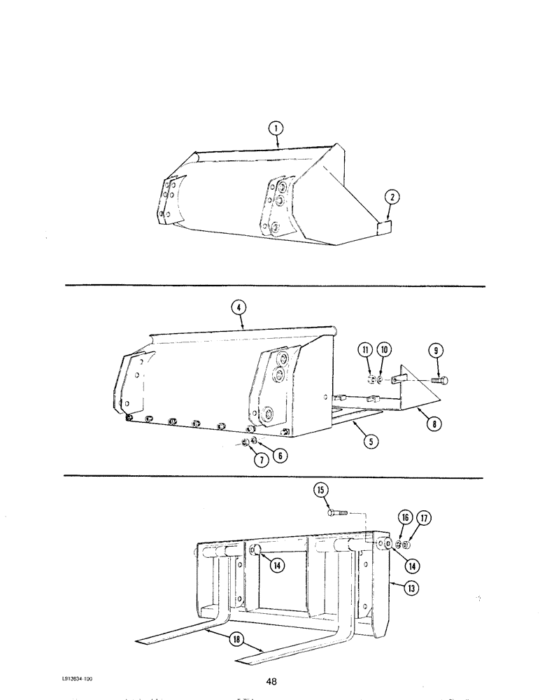 Схема запчастей Case IH L108 - (48) - MATERIAL BUCKETS, FORK BUCKETS, DIRT PLATE, FORK LIFT (09) - CHASSIS/ATTACHMENTS