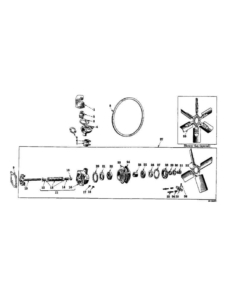 Схема запчастей Case IH FARMALL MV - (058) - DIESEL ENGINE, FAN, THERMOSTAT AND WATER PUMP (01) - ENGINE