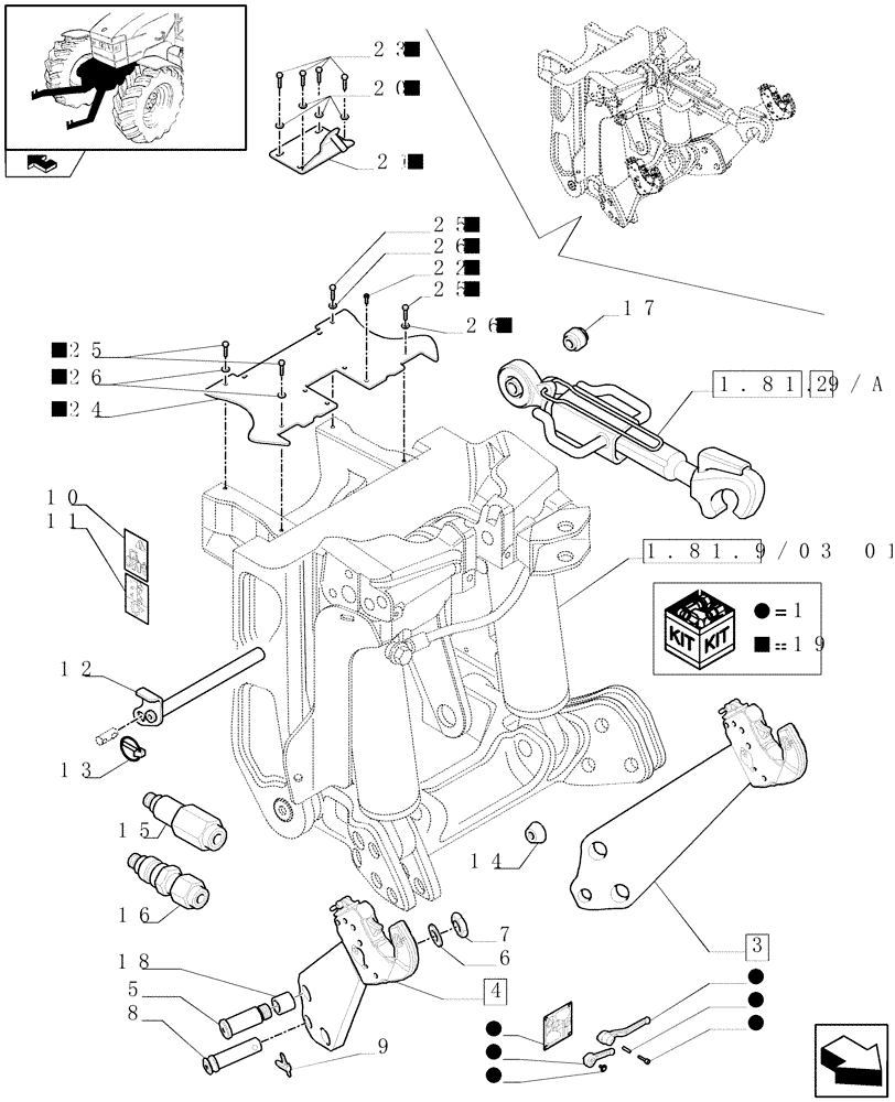 Схема запчастей Case IH PUMA 165 - (1.81.9/03[04]) - (VAR.090) FRONT HPL FOR MID MOUNT REMOTES LESS PTO, WITH AUX. COUPLERS - LINK AND ARMS - C6726 (07) - HYDRAULIC SYSTEM