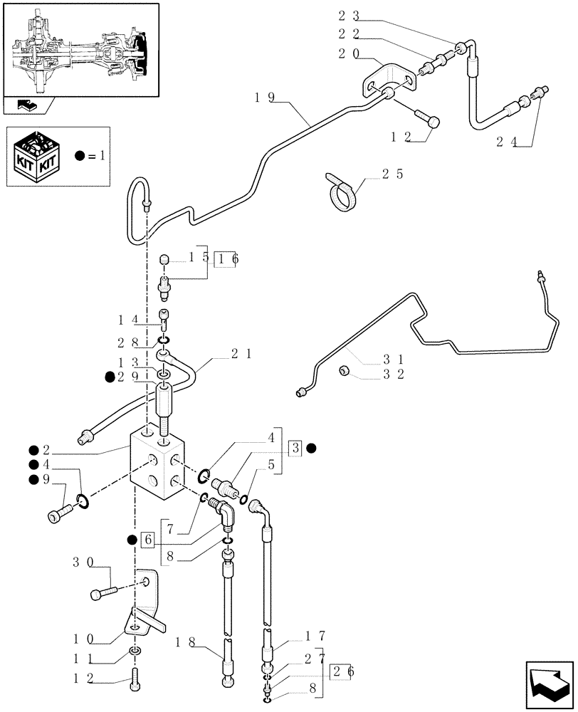 Схема запчастей Case IH MAXXUM 130 - (1.40.2/14[03]) - (CL.3) SUSPENDED FRONT AXLE WITH HYDR. DIF. LOCK, ST. SENSOR AND BRAKES - BRAKE VALVE AND PIPES (VAR.330427) (04) - FRONT AXLE & STEERING