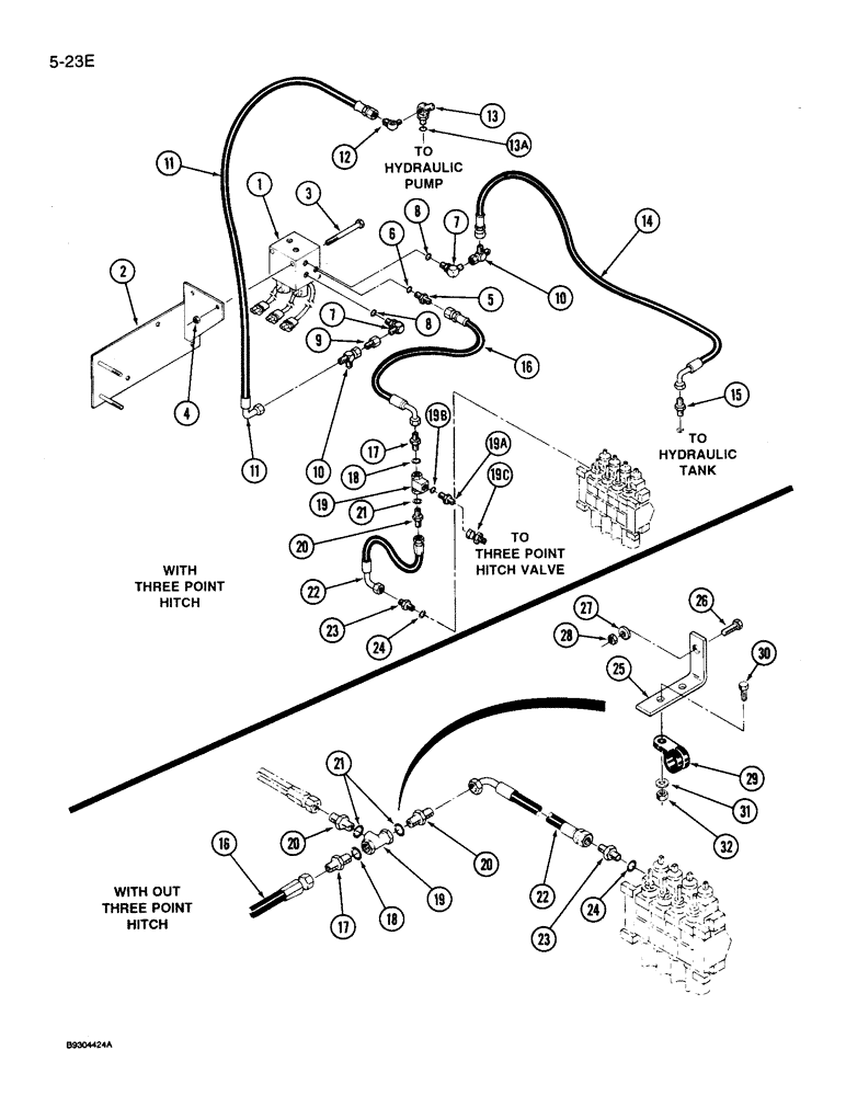 Схема запчастей Case IH 9250 - (5-023E) - STEERING SYSTEM HYD., MAKE-UP VALVE TO SHUTTLE VALVE & TANK RETURN, WITH OR W/O THREE POINT HITCH (05) - STEERING