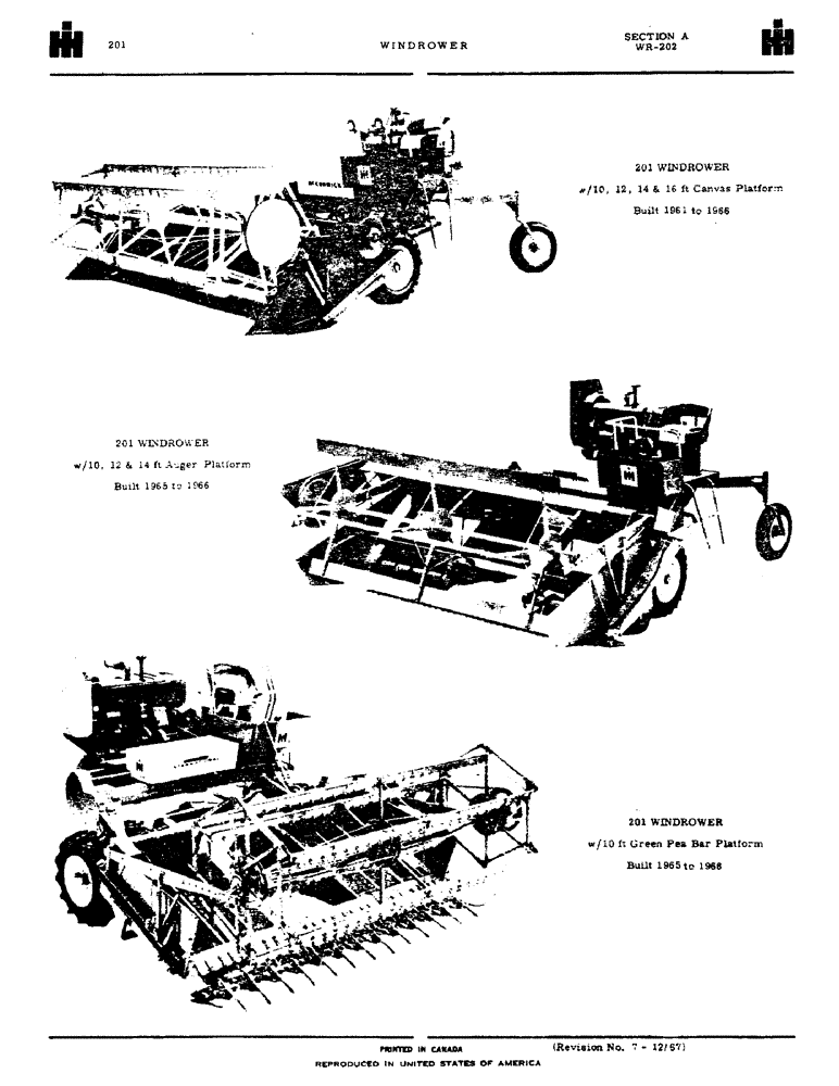 Схема запчастей Case IH 201 - (A-001) - 201 WINDROWER W/10, 12, 14 & 16 FT CANVAS PLATFORM, BUILT 1961 TO 1966 (05) - SERVICE & MAINTENANCE