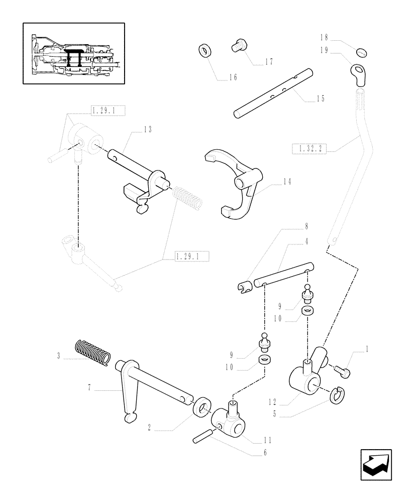 Схема запчастей Case IH JX1075C - (1.32.2/04) - (VAR.139/1) NA - 8X8 (30 KM/H) SYNCHRONIZED - ROD AND FORK (03) - TRANSMISSION