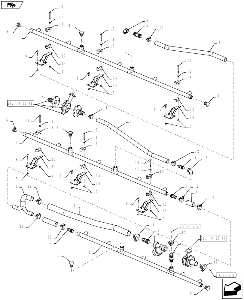 Схема запчастей Case IH 610 - (78.110.14.CI) - BOOM PLUMBING, 60/85 BOOM, 2" BOOM LINES, 30" SPACING, RH BOOM (78) - SPRAYING