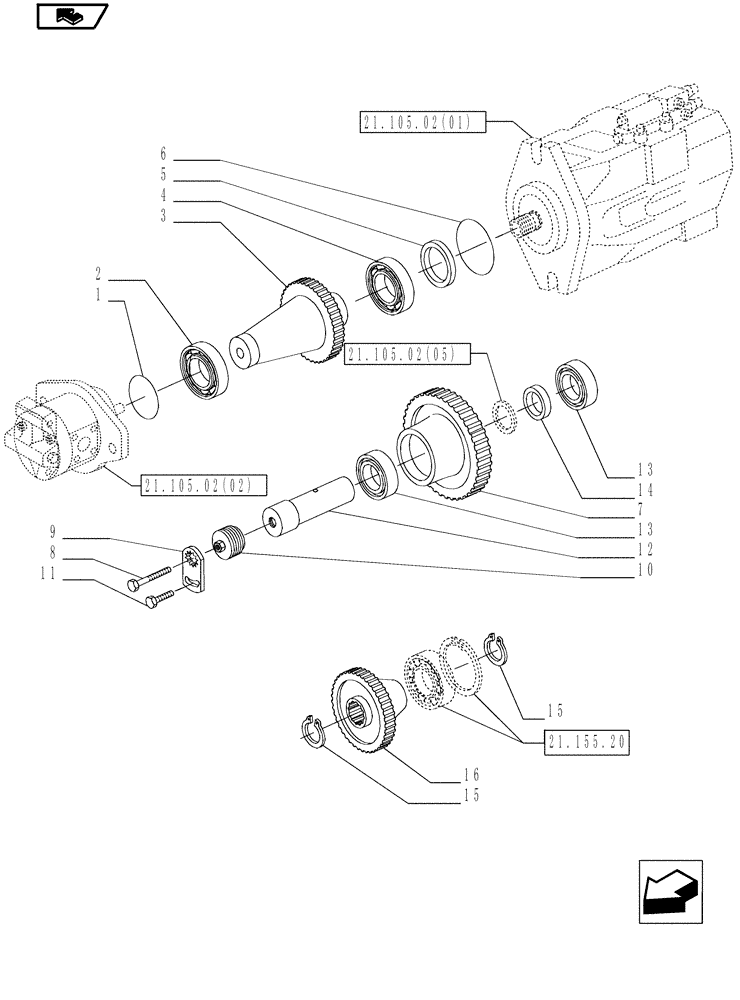 Схема запчастей Case IH MAGNUM 180 - (21.105.02[03]) - PUMPS FOR HYDRAULIC SYSTEM AND LIFT, DRIVING GEARS, WITH POWERSHIFT TRANSMISSION (21) - TRANSMISSION