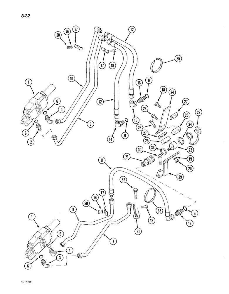 Схема запчастей Case IH 895 - (8-32) - REMOTE AUXILIARY VALVES, FIRST AND SECOND BANK TUBES AND COUPLINGS, WITHOUT CAB (08) - HYDRAULICS