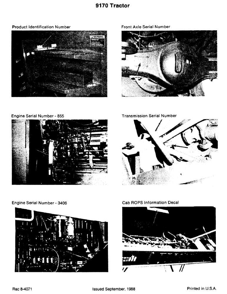 Схема запчастей Case IH 9170 - (1-04) - P.I.N., FRONT AXLE S/N, ENGINE S/N 855 AND 3406, TRANSMISSION S/N, CAB ROPS INFORMATION DECAL (00) - PICTORIAL INDEX