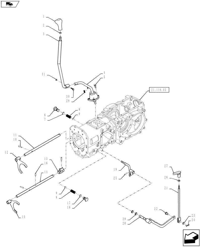 Схема запчастей Case IH FARMALL 50B - (21.130.02) - RANGE SHIFT LEVER, 4WD LEVER & FORK - HST (21) - TRANSMISSION
