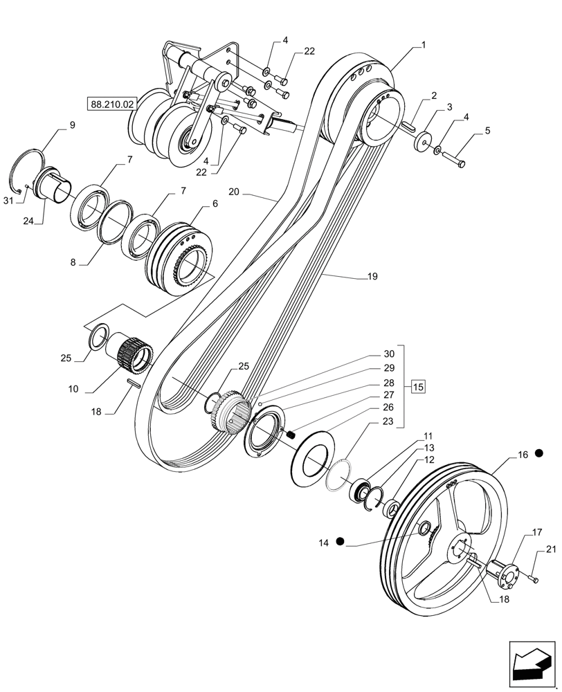 Схема запчастей Case IH 9120 - (88.210.05[01]) - STRAWCHOPPER DRIVE - PULLEYS AND BELTS W/ KEYED COUPLING MY10 UPDATE (88) - ACCESSORIES