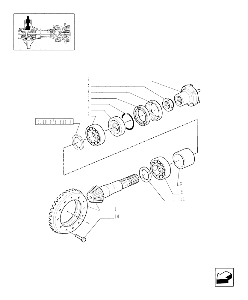 Схема запчастей Case IH MXM140 - (1.40.5/06[01]) - (VAR.452/1) 4WD FRONT AXLE WITH SUSPENSIONS, BRAKE, TERRALOCK, SPS - BEVEL GEAR PAIR (04) - FRONT AXLE & STEERING