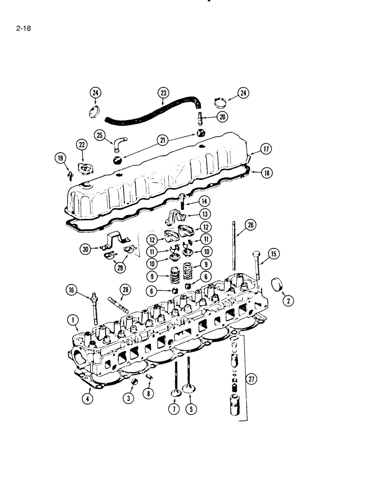 Схема запчастей Case IH 5000 - (2-18) - CYLINDER HEAD, C-232 ENGINE PRIOR TO P.I.N. 4595, C-258 ENGINE P.I.N. 4595 THROUGH 6004 (02) - ENGINE