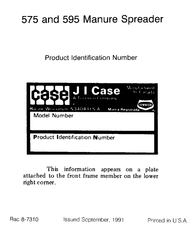 Схема запчастей Case IH 595 - (1-02) - PRODUCT IDENTIFICATION NUMBER (00) - PICTORIAL INDEX