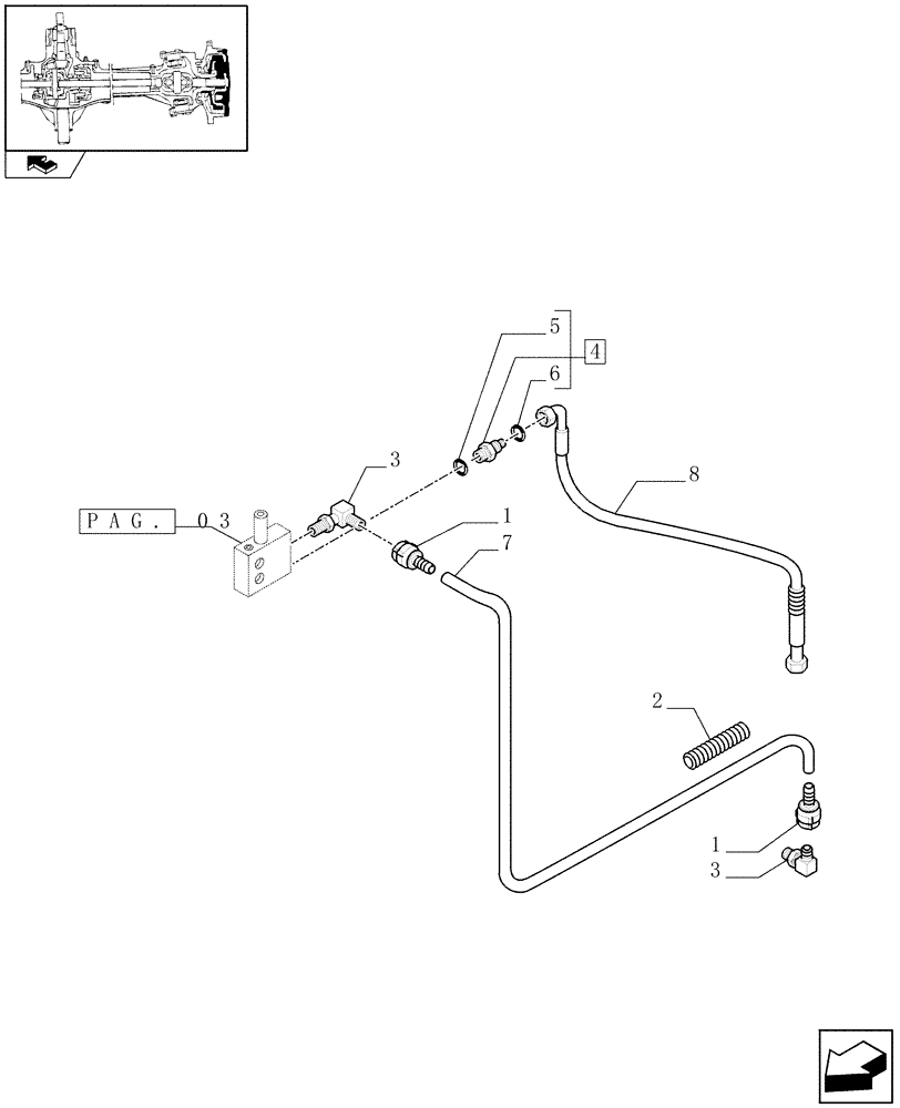 Схема запчастей Case IH PUMA 125 - (1.40. 9/14[04]) - (CL.3) SUSPENDED FRONT AXLE WITH HYDR. DIFF. LOCK, ST. SENSOR AND BRAKES - PIPES (VAR.330427) (04) - FRONT AXLE & STEERING