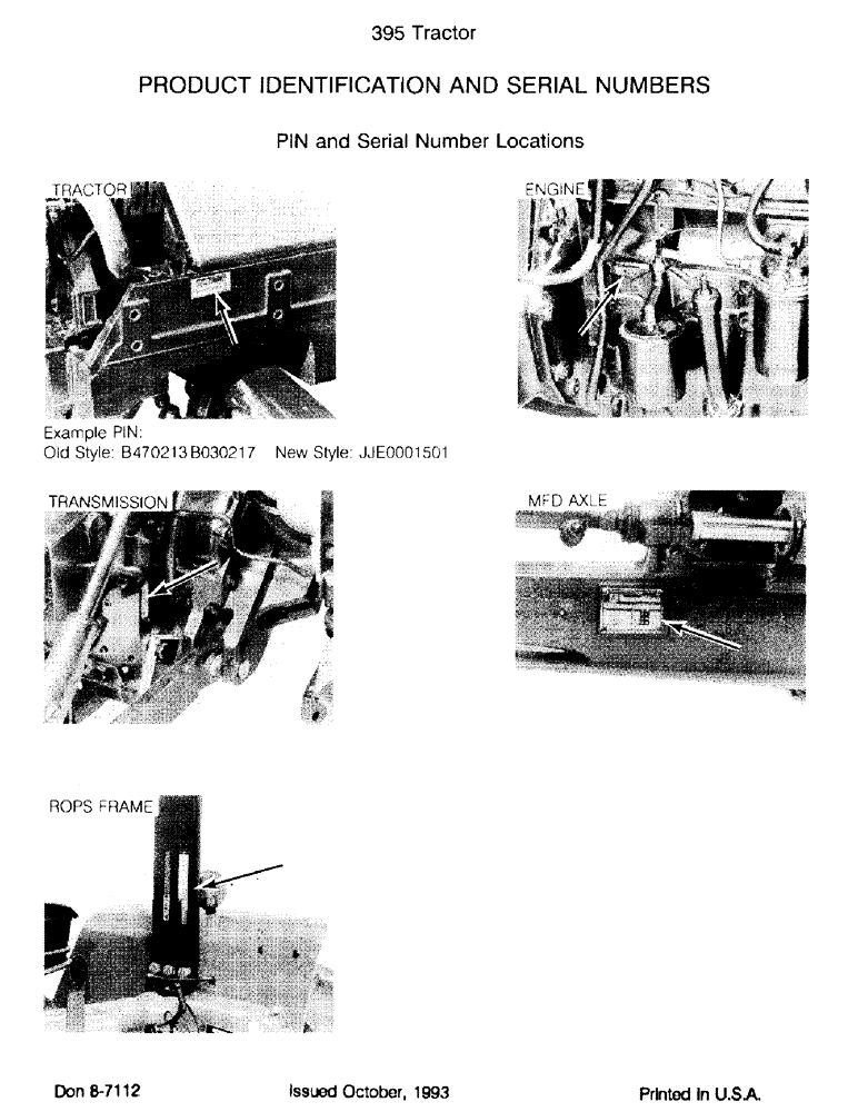 Схема запчастей Case IH 395 - (1-002) - PRODUCT IDENTIFICATION AND SERIAL NUMBERS (00) - PICTORIAL INDEX