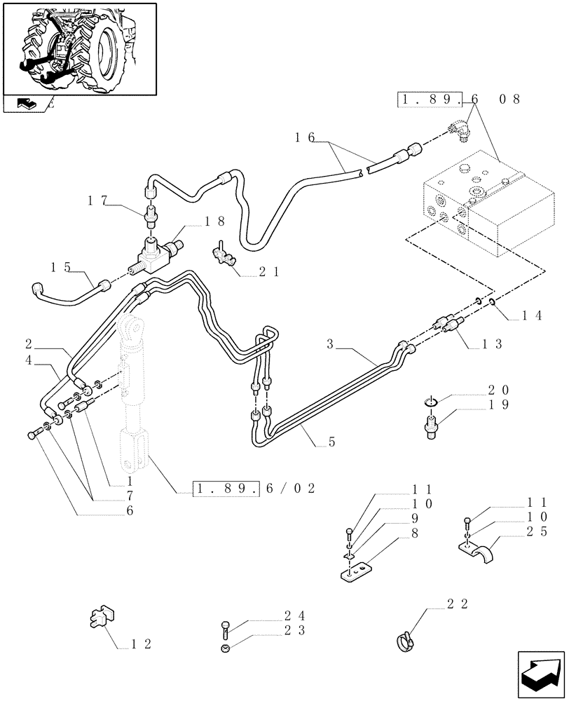 Схема запчастей Case IH FARMALL 75N - (1.89.6[07]) - HYDRAULIC RIGHT LIFTING ROD FOR EDC - TIE-ROD, PIPES AND CONNECTIONS - W/CAB - D6445 (09) - IMPLEMENT LIFT