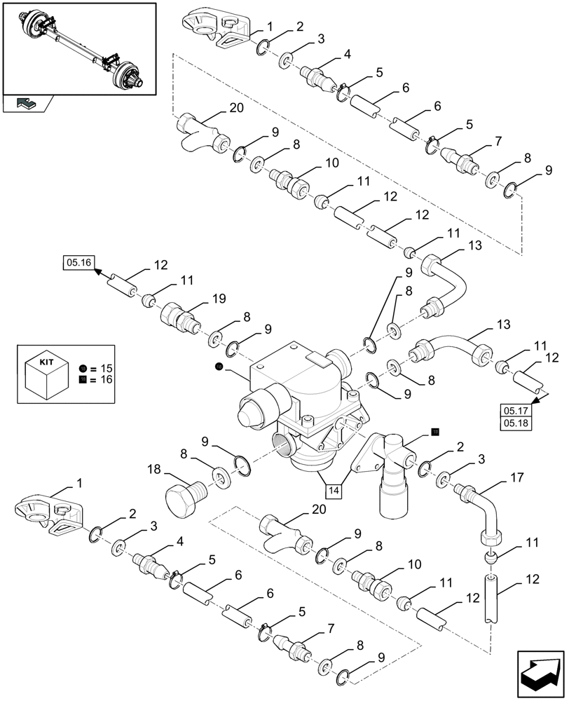 Схема запчастей Case IH LBX332S - (05.15[01]) - PNEUMATIC BRAKES, BRAKE VALVE (05) - AXLE