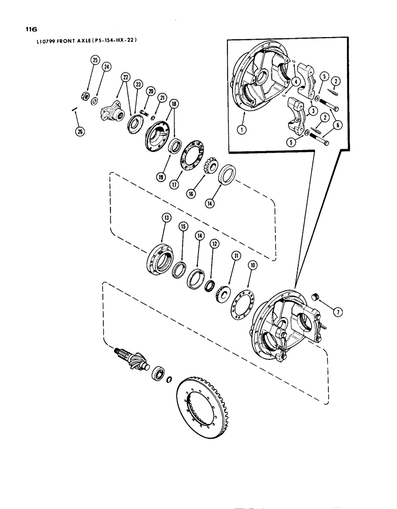 Схема запчастей Case IH 1200 - (116) - L10799 FRONT AXLE DIFFERENTIAL, 15.99 RATIO WITH CARDON JOINT (06) - POWER TRAIN