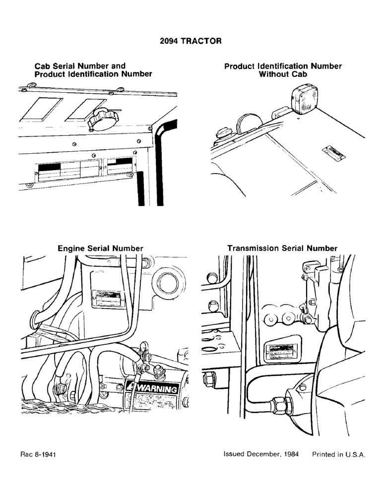 Схема запчастей Case IH 2094 - (1-04) - CAB SERIAL NUMBER AND P.I.N., P.I.N. WITHOUT CAB, ENGINE SERIAL NO., TRANSMISSION SERIAL NO. (00) - PICTORIAL INDEX