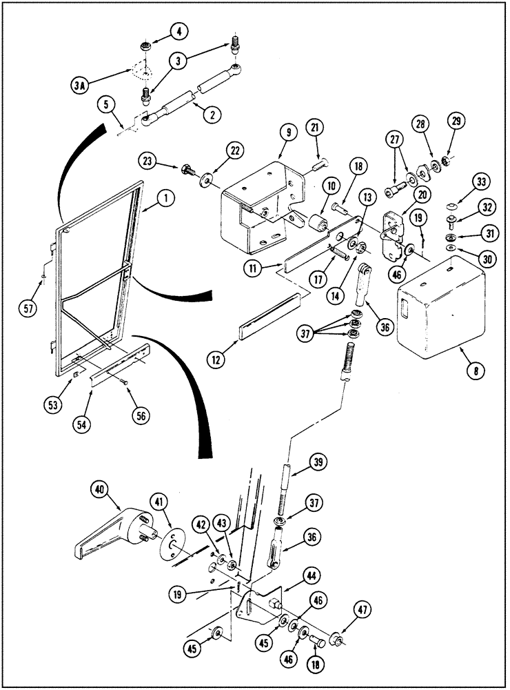 Схема запчастей Case IH 9250 - (9-054) - CAB DOOR AND LATCH WITH RETURN SPRING AT LATCH LEVER, REF. 44, PRIOR TO P.I.N. JEE0033501 (09) - CHASSIS/ATTACHMENTS