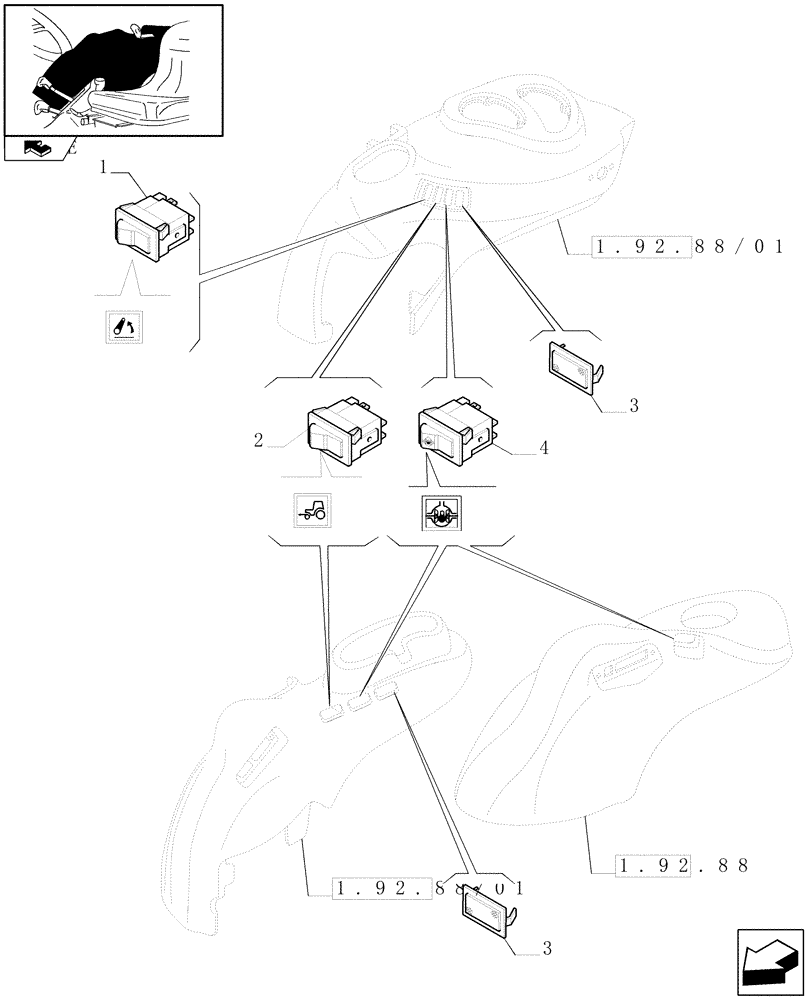 Схема запчастей Case IH FARMALL 95C - (1.91.1[03]) - SWITCH AND RELATED PARTS (10) - OPERATORS PLATFORM/CAB