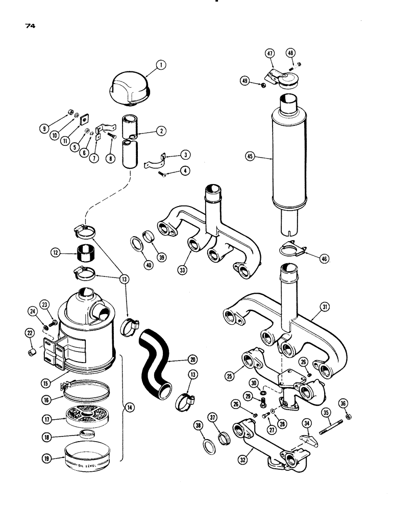 Схема запчастей Case IH 830-SERIES - (074) - AIR CLEANER, MANIFOLD, MUFFLER, 251 AND 284 SPARK IGNITION ENG, SIDE MOUNTED, PRIOR TO S/N 8201146 (02) - ENGINE