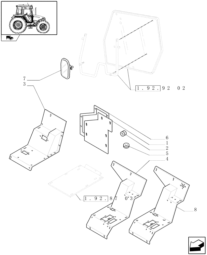 Схема запчастей Case IH FARMALL 80 - (1.92.87/04) - TOW HOOK AND DRAWBAR (PICK-UP) - MUDGUARDS AND FOOTBOARDS - W/CAB (VAR.335929) (10) - OPERATORS PLATFORM/CAB