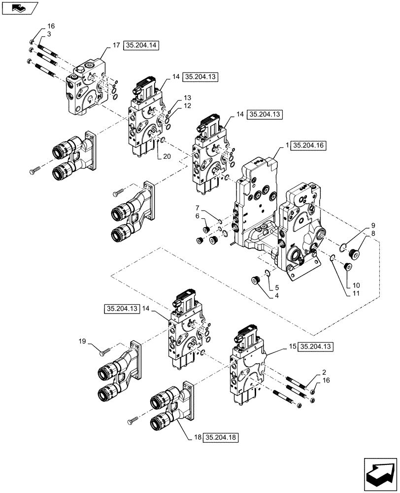 Схема запчастей Case IH STEIGER 400 - (35.204.05) - AUXILIARY CONTROL VALVE - 4 SPOOL, W/ TRAILER BRAKES - SCRAPER UNITS (35) - HYDRAULIC SYSTEMS