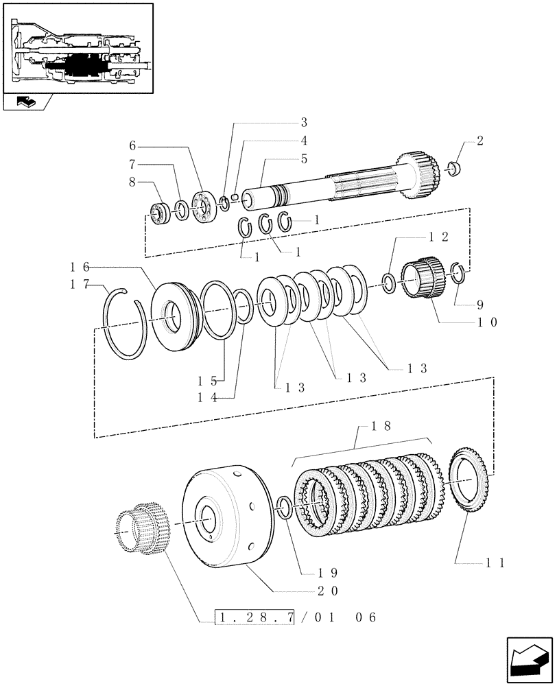 Схема запчастей Case IH PUMA 140 - (1.28.7/01[05]) - FULL POWER SHIFT TRANSM. 18X6 AND 19X6 - DRIVEN SHAFT AND "E" CLUTCH (VAR.330285) (03) - TRANSMISSION