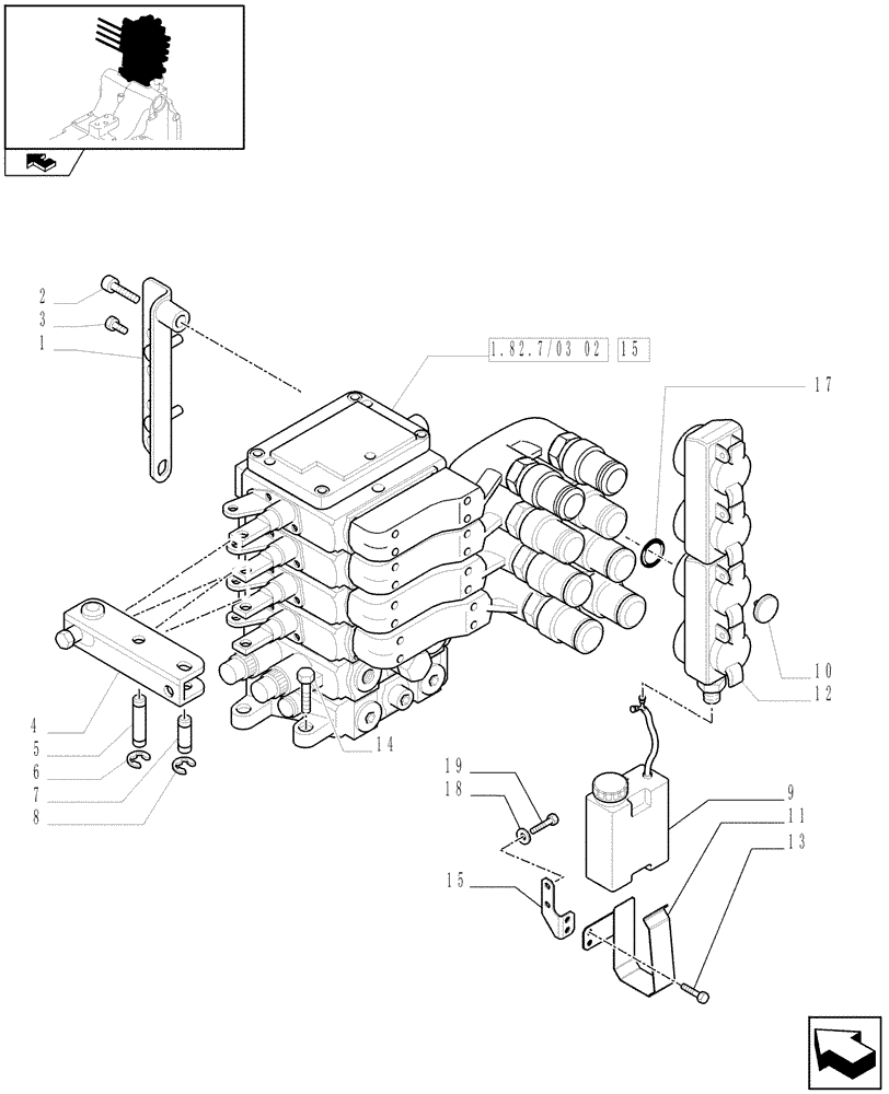 Схема запчастей Case IH PUMA 125 - (1.82.7/03[01A]) - 4 MECHANICAL REAR REMOTE CONTROL VALVES - DISTRIBUTOR, COVER AND OIL COLLECTOR - D6788 (VAR.333845) (07) - HYDRAULIC SYSTEM