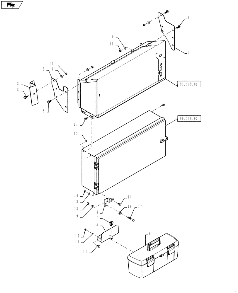 Схема запчастей Case IH 9230 - (90.119.01) - STORAGE BOX/BATTERY BOX ASSY (90) - PLATFORM, CAB, BODYWORK AND DECALS