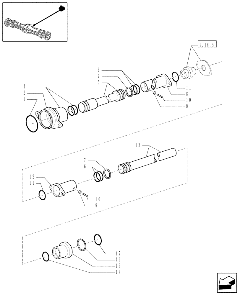 Схема запчастей Case IH MAXXUM 120 - (1.38.8) - WATERPROOFING FOR FIXED FRONT AXLE - SLEEVE, SHIELD & FLANGE (VAR.330448-336449) (04) - FRONT AXLE & STEERING