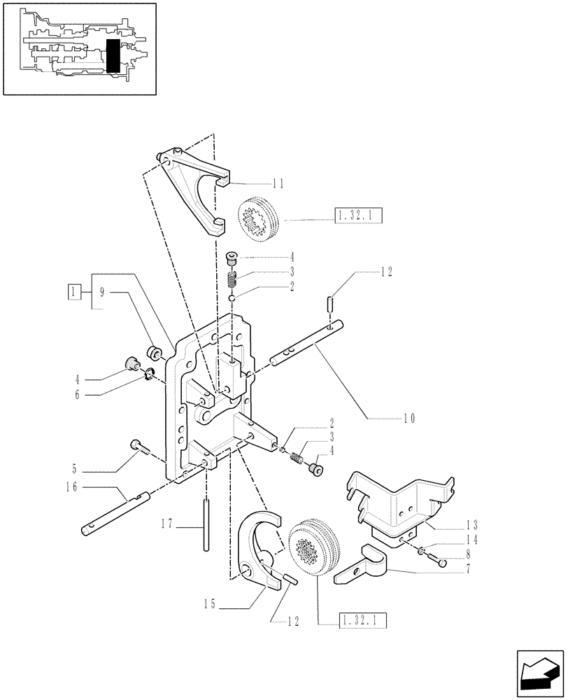Схема запчастей Case IH MAXXUM 110 - (1.32.2[01]) - TRANSMISSION 12X12 - RANGE GEARSHIFT MECHANISM - COVER, RODS AND FORKS (03) - TRANSMISSION