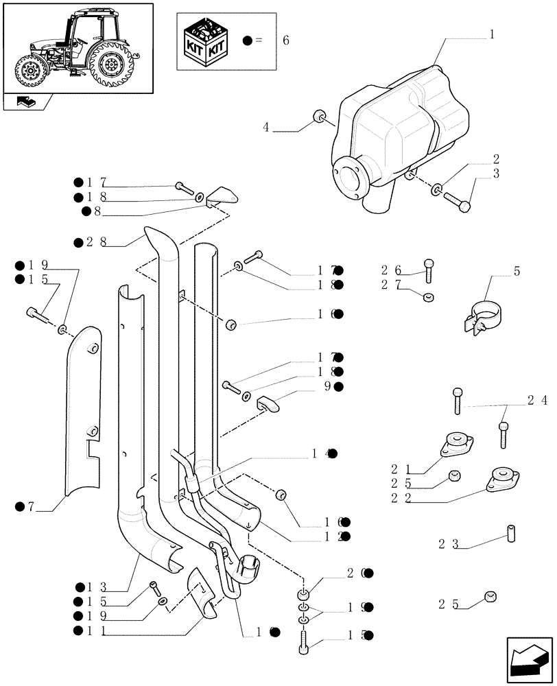 Схема запчастей Case IH FARMALL 85C - (1.15.1/03) - "A" PILLAR TYPE VERTICAL EXHAUST W/ GUARD SHIELD FOR CAB - W/OPENING WINDSCREEN (VAR.332466) (02) - ENGINE EQUIPMENT