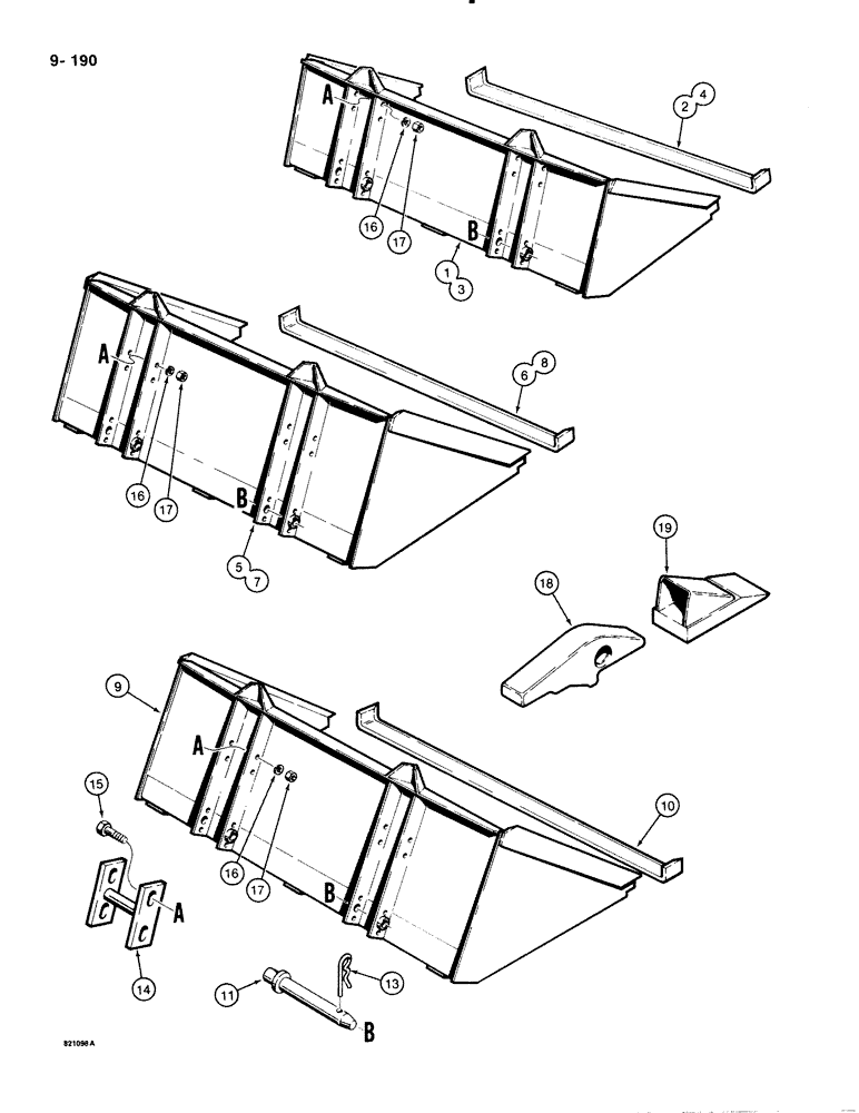 Схема запчастей Case IH 1835B - (9-190) - BUCKETS, 3" (76 MM) CUTTNG EDG, DIRT BUCK, UTL BUCK, LT MATL BUCK, LOADR ATTCH BAR MTING, BUCK TEETH (09) - CHASSIS/ATTACHMENTS