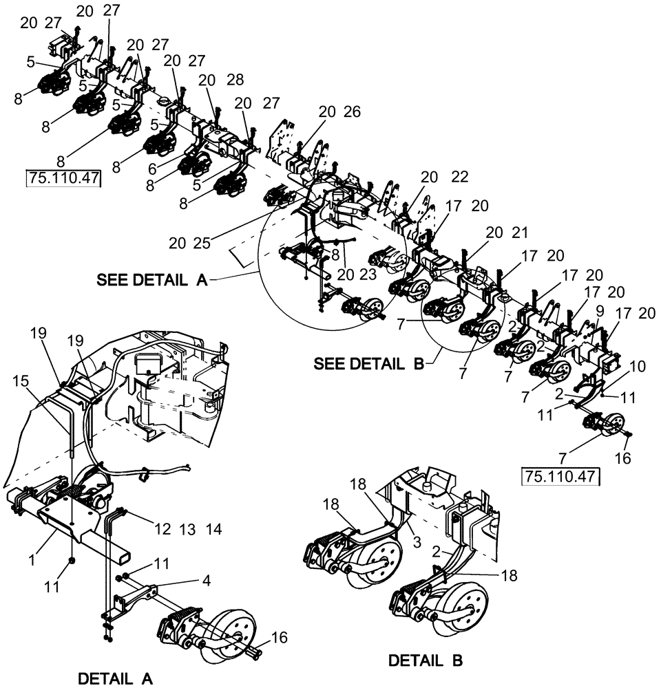 Схема запчастей Case IH 1250 - (75.110.45) - LIQUID FERTILIZER COULTER LAYOUT - 16 ROW (75) - SOIL PREPARATION