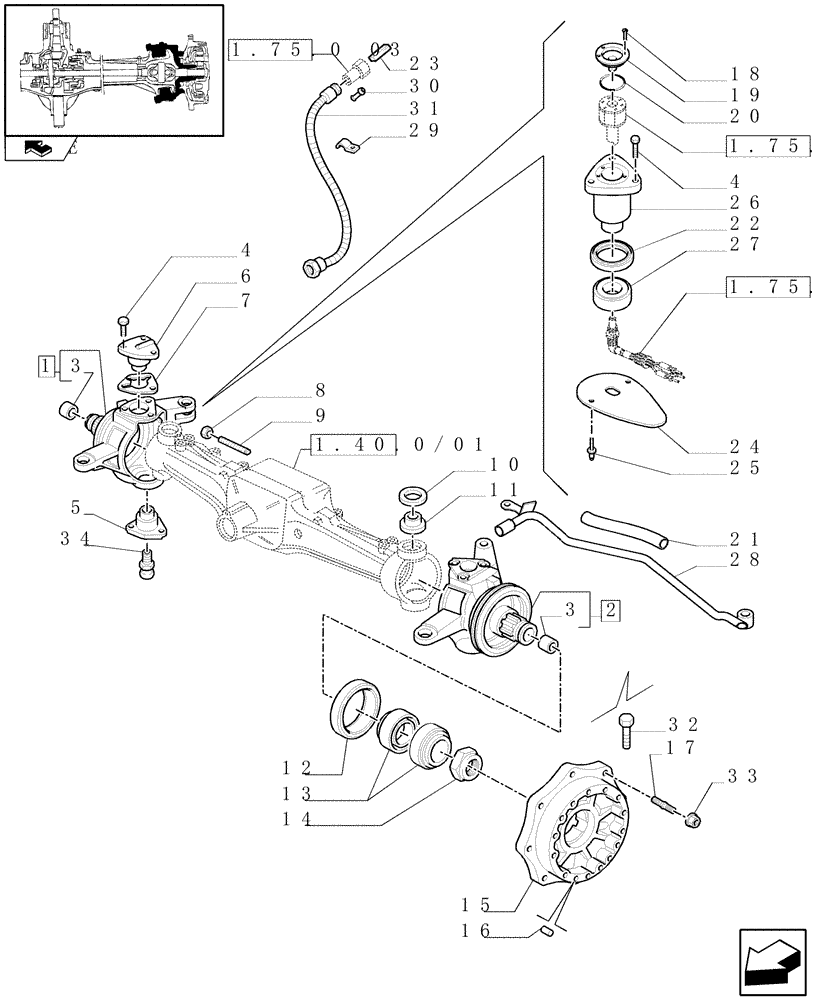 Схема запчастей Case IH MAXXUM 140 - (1.40.0/02) - (CL.3) FRONT AXLE WITH HYDR. DIFFER. LOCK AND STEERING SENSOR - STEERING AXLES AND HUBS (04) - FRONT AXLE & STEERING