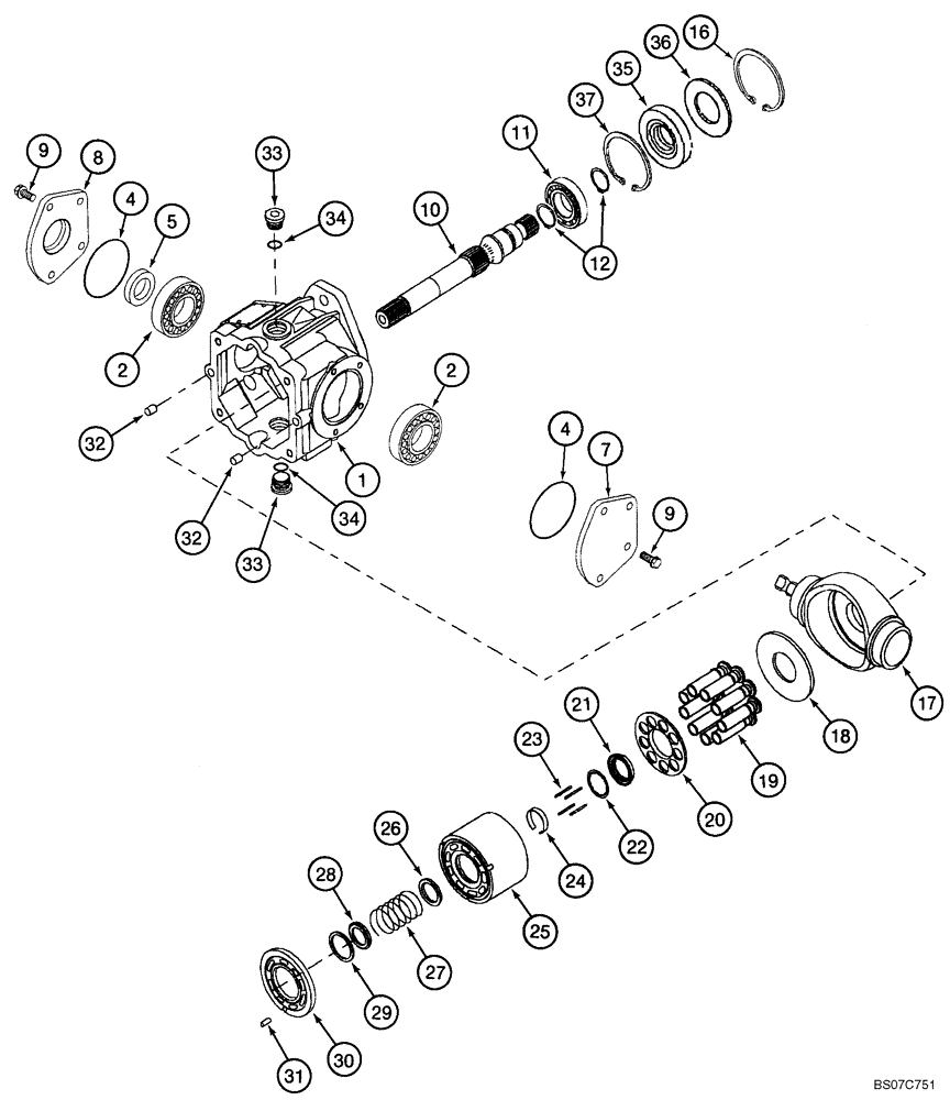 Схема запчастей Case IH 1838 - (6-19A) - TANDEM PUMP ASSEMBLY FRONT DRIVE PUMP HOUSING INPUT SHAFT & PISTON BLOCK (06) - POWER TRAIN
