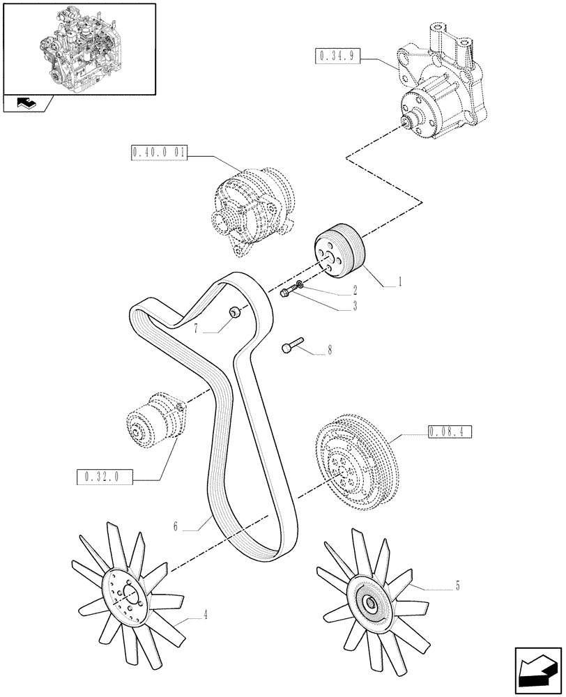Схема запчастей Case IH FARMALL 70 - (0.34.7[01]) - PULLEY, FAN AND BELT - C6399 (01) - ENGINE