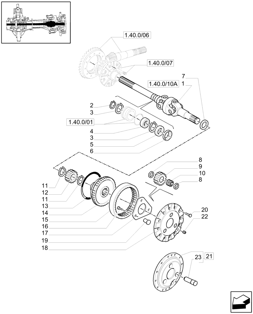 Схема запчастей Case IH MXM140 - (1.40.0/10[01]) - 4WD FRONT AXLE - DIFFERENTIAL GEARS AND DIFFERENTIAL SHAFT (04) - FRONT AXLE & STEERING