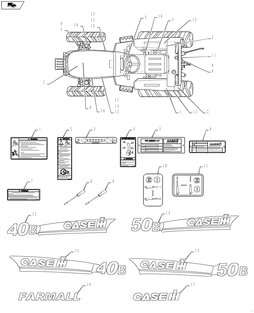 Схема запчастей Case IH FARMALL 50B - (90.108.02) - DECALS (90) - PLATFORM, CAB, BODYWORK AND DECALS