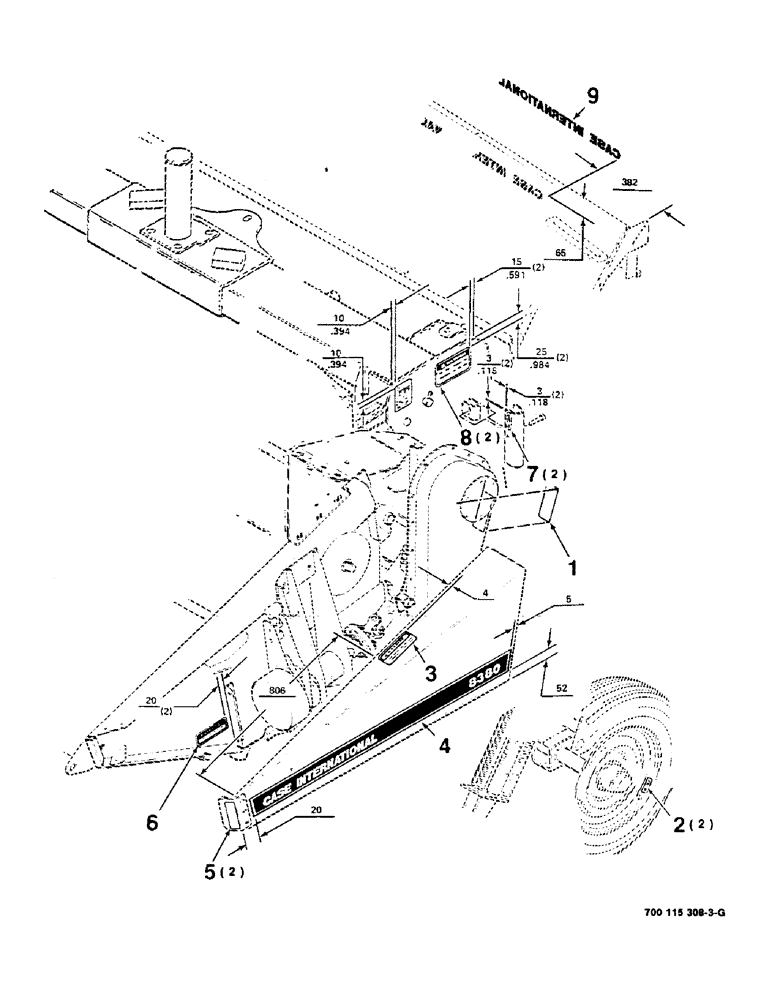 Схема запчастей Case IH 8380 - (9-08) - DECAL LOCATION DIAGRAM, HEADER, CONTINUED, SERIAL NUMBER CFH0009501 THRU CFH0102132 (09) - CHASSIS