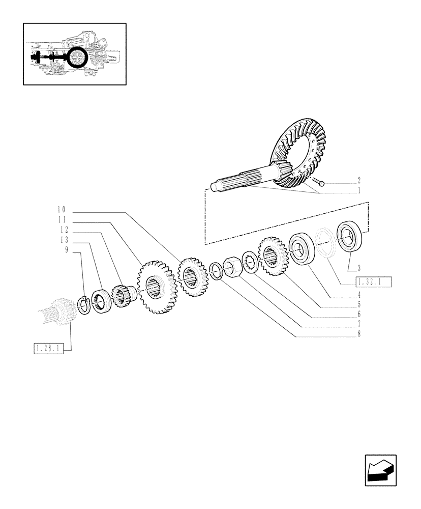 Схема запчастей Case IH JX90 - (1.32.1/06[01]) - CENTRAL REDUCER GEARING - BEVEL GEAR PAIR - FOR HIGH CLEARANCE VERSION (03) - TRANSMISSION