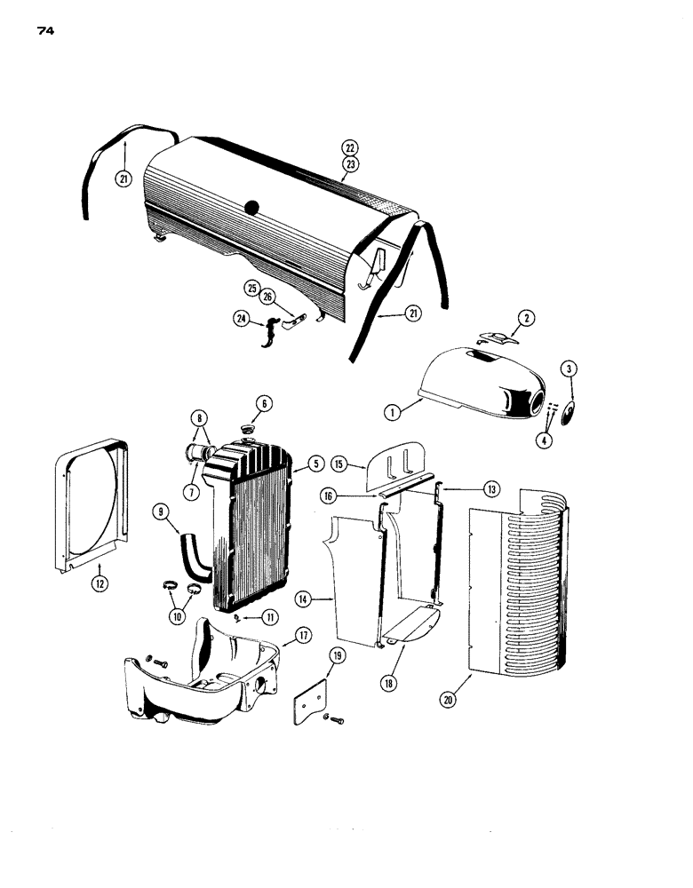 Схема запчастей Case IH A284 - (74) - RADIATOR GRILLE AND HOOD, TYPE TWO AND THREE UNITS 