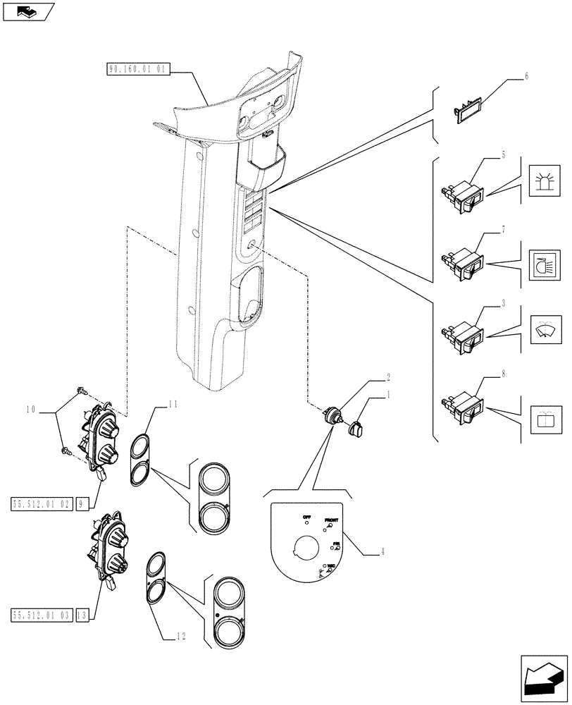 Схема запчастей Case IH FARMALL 75C - (55.512.01[01]) - CENTRAL RIGHT PILLAR - SWITCH AND RELATED PARTS - W/CAB (55) - ELECTRICAL SYSTEMS