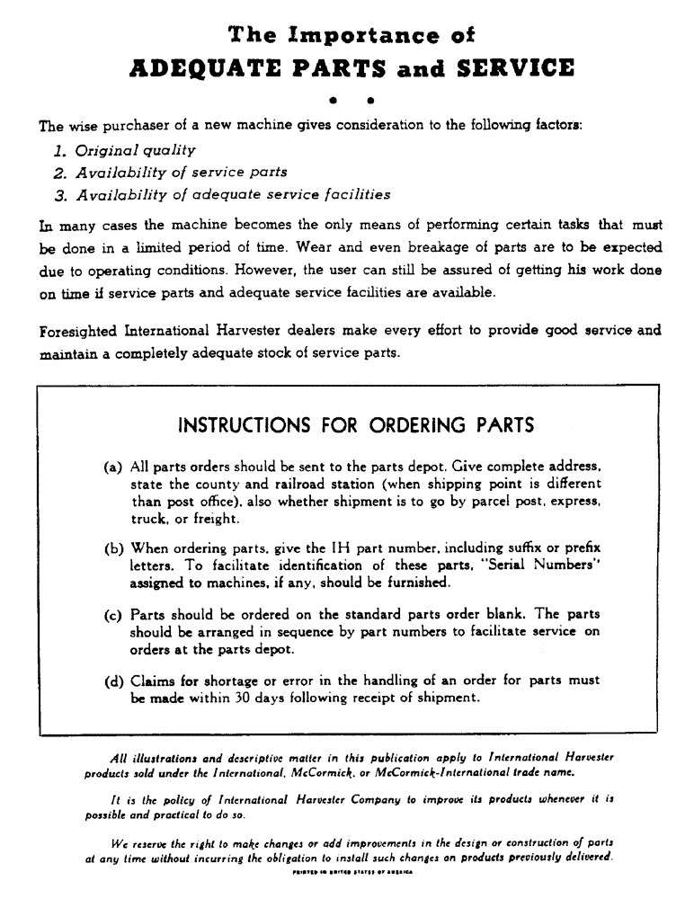 Схема запчастей Case IH L-22 - (2-A) - THE IMPORTANCE OF ADEQUATE PARTS AND SERVICE 