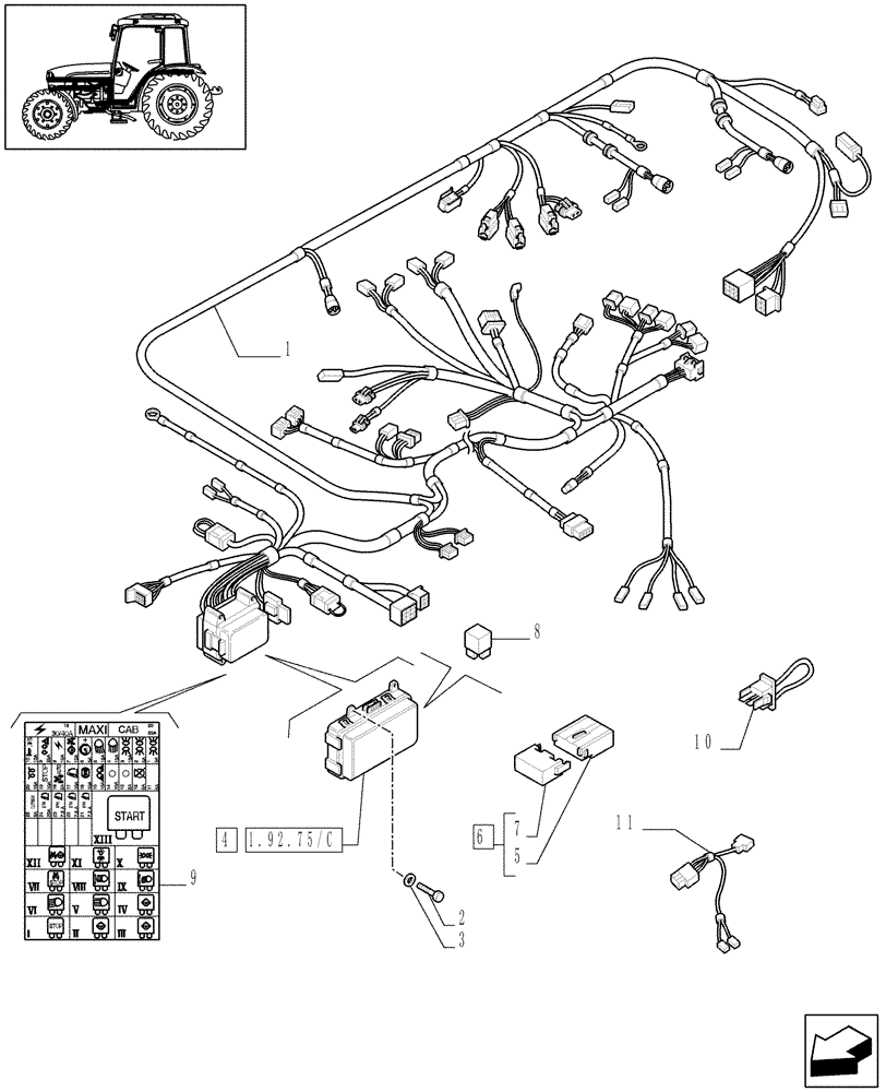 Схема запчастей Case IH JX1085C - (1.92.75/01[02]) - (VAR.307) 4WD ELECTRO-HYDRAULIC COUPLING - AUXILIARY CABLES - W/CAB (10) - OPERATORS PLATFORM/CAB